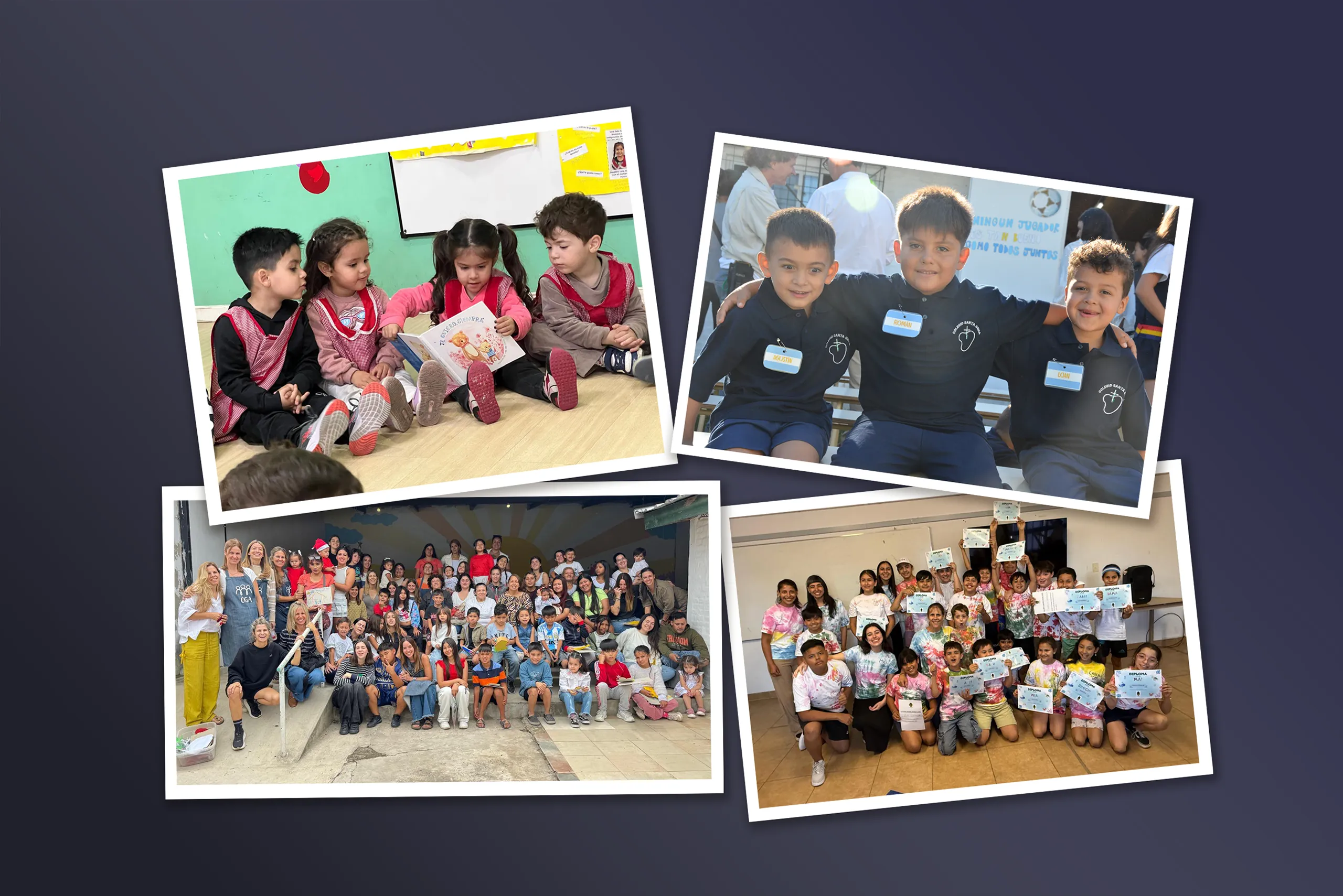 Collage de momentos escolares del colegio OGA, con niños participando en actividades educativas, recreativas y grupales junto a sus docentes.