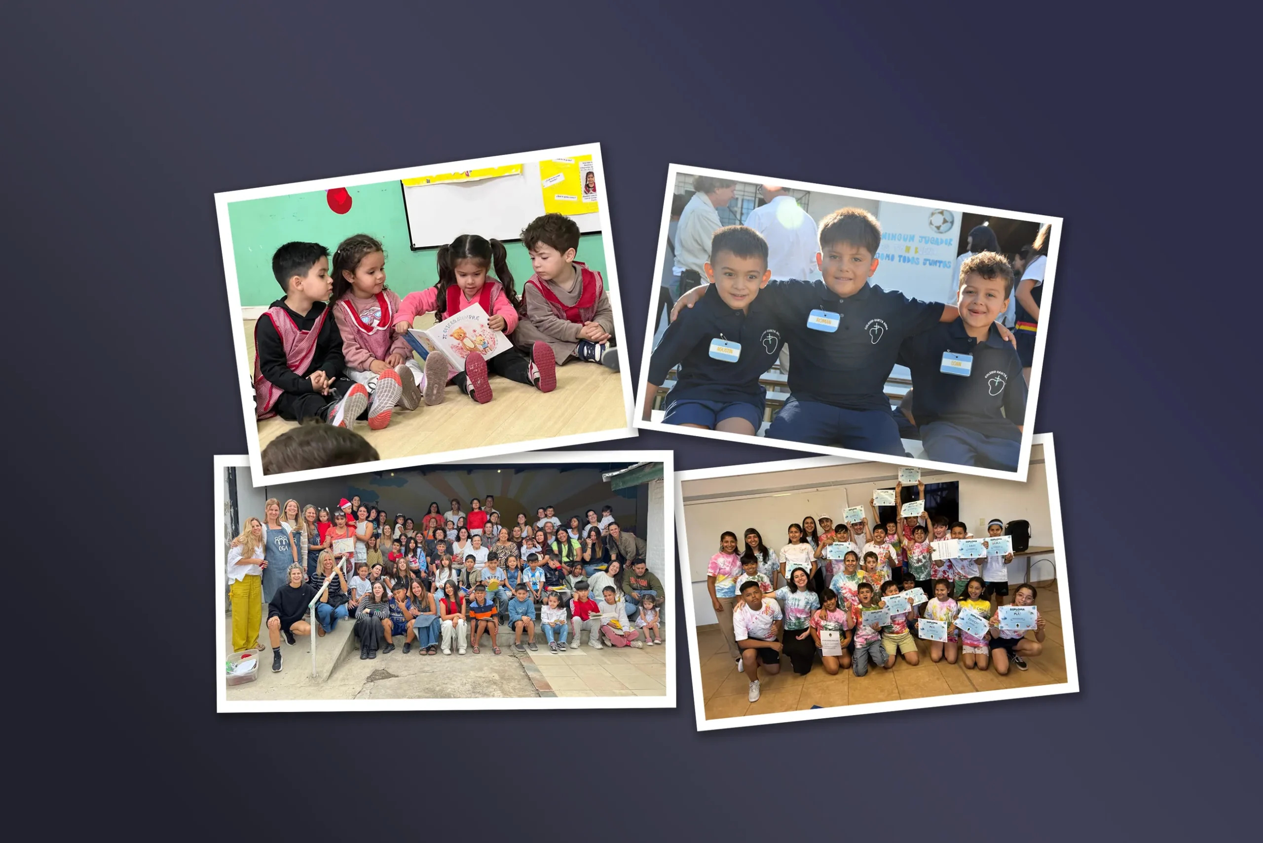 Collage de momentos escolares del colegio OGA, con niños participando en actividades educativas, recreativas y grupales junto a sus docentes.